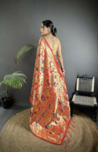 Joban Fashion Pastel Red Peacocks Flowers & Leaves Soft Silk Paithani Saree | Grocsy