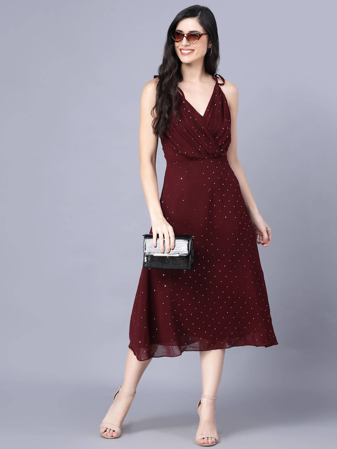 Myshka Georgette Solid Sleeveless Shoulder Straps Maroon Women Dress | Grocsy