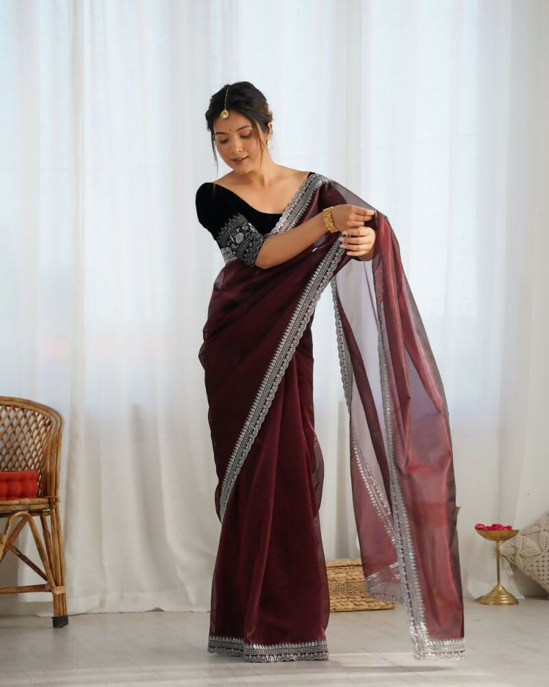 Attrctive Looking Gold Jari, Sequance Embroidery Work Twill Net Party Wear Saree - Coffee | Grocsy