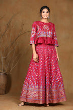 Juniper Women Burgundy Shantoon Printed Flared Lehenga Choli Sets | Grocsy