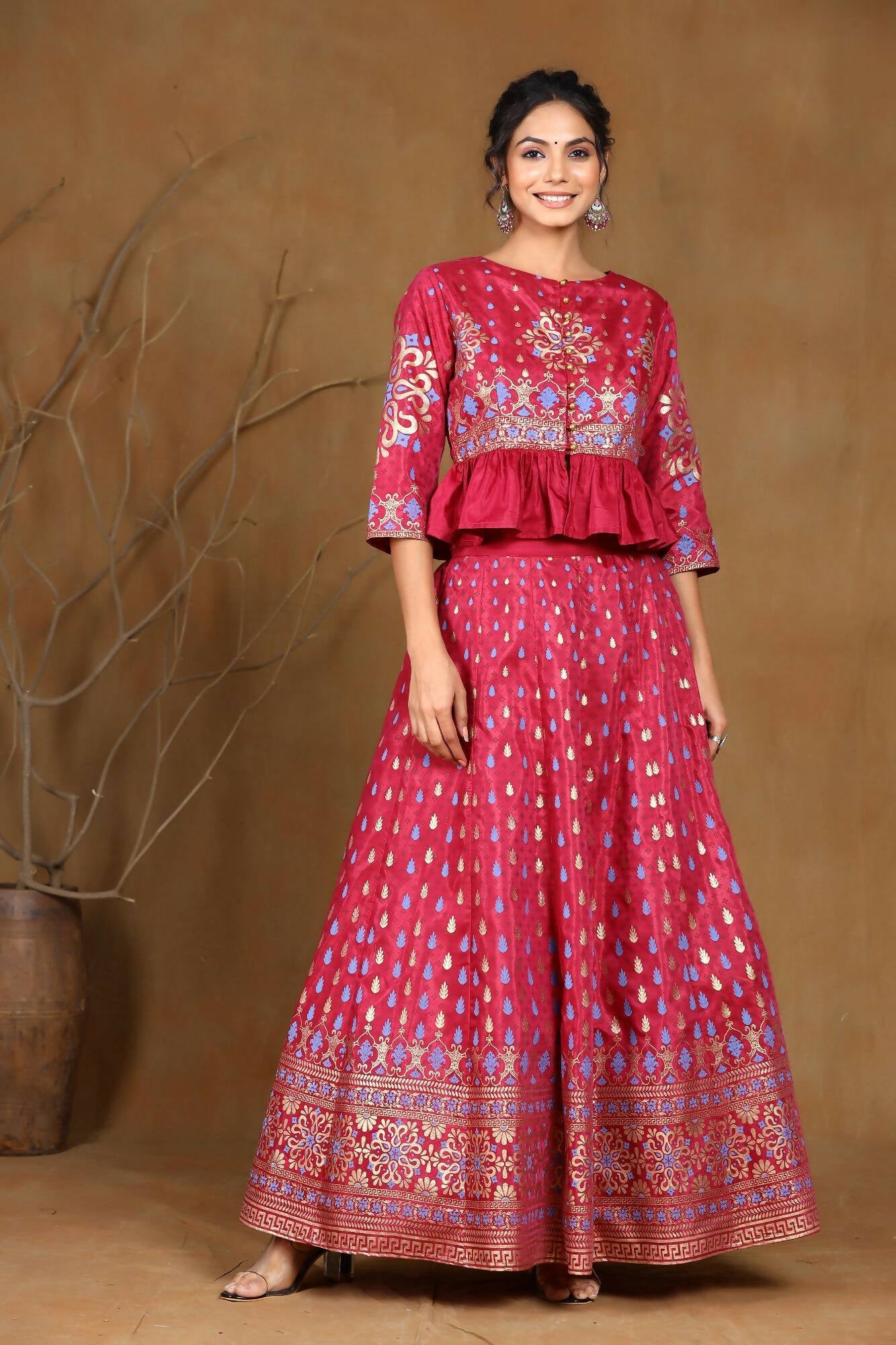 Juniper Women Burgundy Shantoon Printed Flared Lehenga Choli Sets | Grocsy