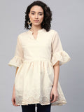 Ahalyaa Women Cream-Coloured Chanderi Ethnic Print Tunic | Grocsy