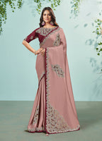 Rose Pink Silk Satin Embroidered Saree With Unstitched Blouse Piece - Norita Ikshita | Grocsy