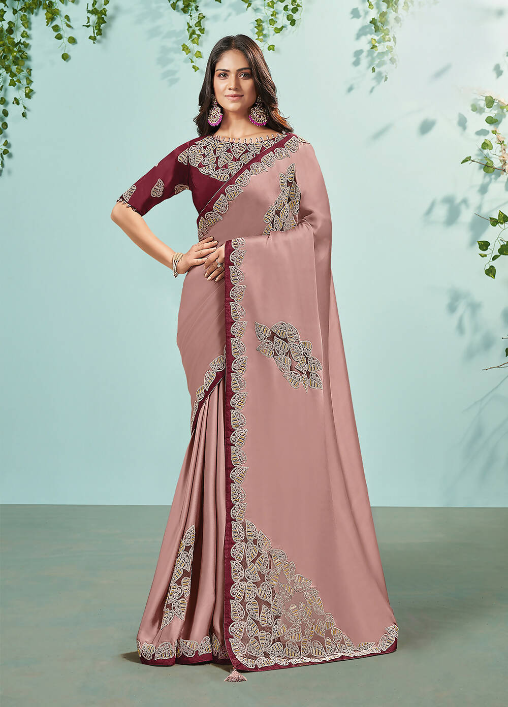 Rose Pink Silk Satin Embroidered Saree With Unstitched Blouse Piece - Norita Ikshita | Grocsy