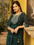 Juniper Green Ethnic Motif Printed Georgette Maxi Dress & Dori With Thread Work | Grocsy
