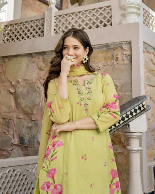 The52 Lemons Women's Beautiful Chanderi Fabric Printed Work Straight Kurta Pant and Dupatta Set | Grocsy