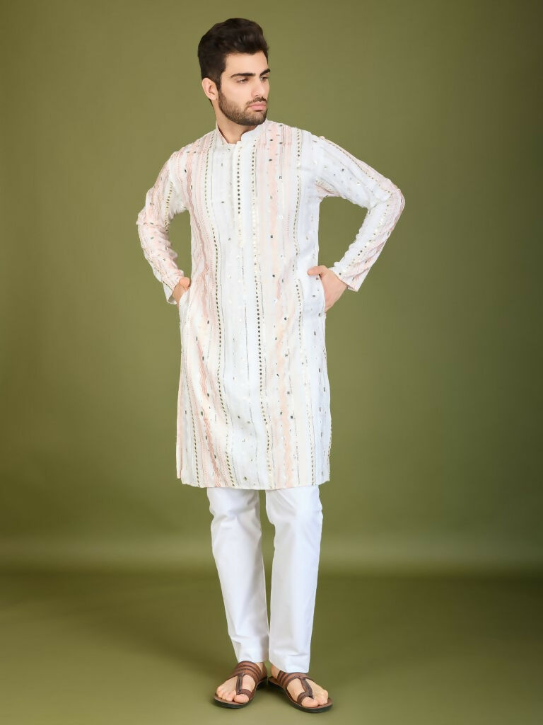 Vastranavya White Exclusive Festival Wear Pure Viscose Rayon Sequence & Foil Mirror Heavy Embroidered Work Kurta | Grocsy