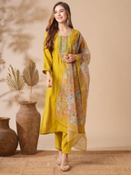 The52 Women's Beautiful Viscose Chanderi Fabric Embroidery Work Straight Kurta Pant and Dupatta Set | Grocsy