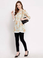 Myshka Women's Off White Cotton 3/4 Sleeve Round Neck Printed Casual Tunic | Grocsy
