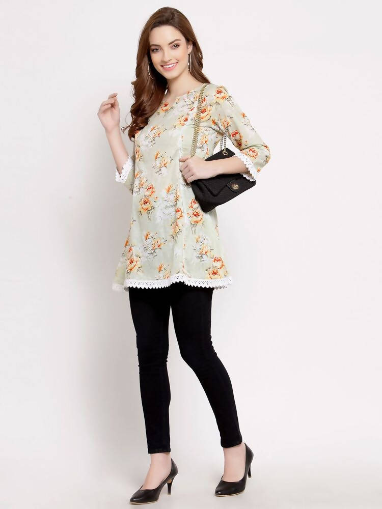 Myshka Women's Off White Cotton 3/4 Sleeve Round Neck Printed Casual Tunic | Grocsy
