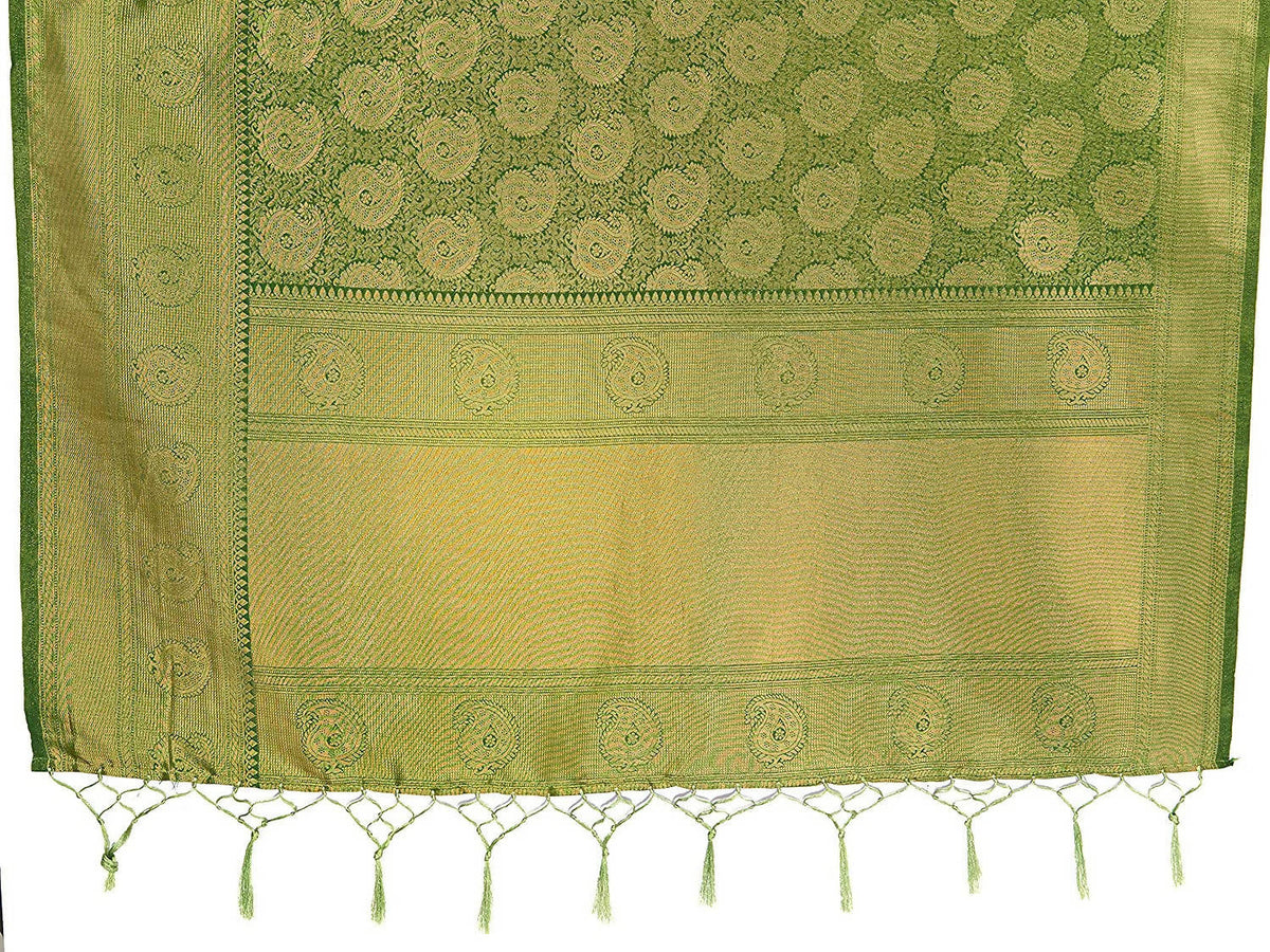 Vardha Women's Olive Green Kanchipuram Raw Silk Saree With Unstitched Blouse Piece | Grocsy