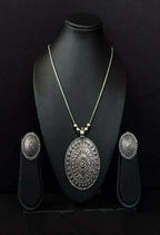 Mominos Fashion Johar Kamal Oxidised Silver-Plated Long Chain with Pendant & Studs For Women | Grocsy