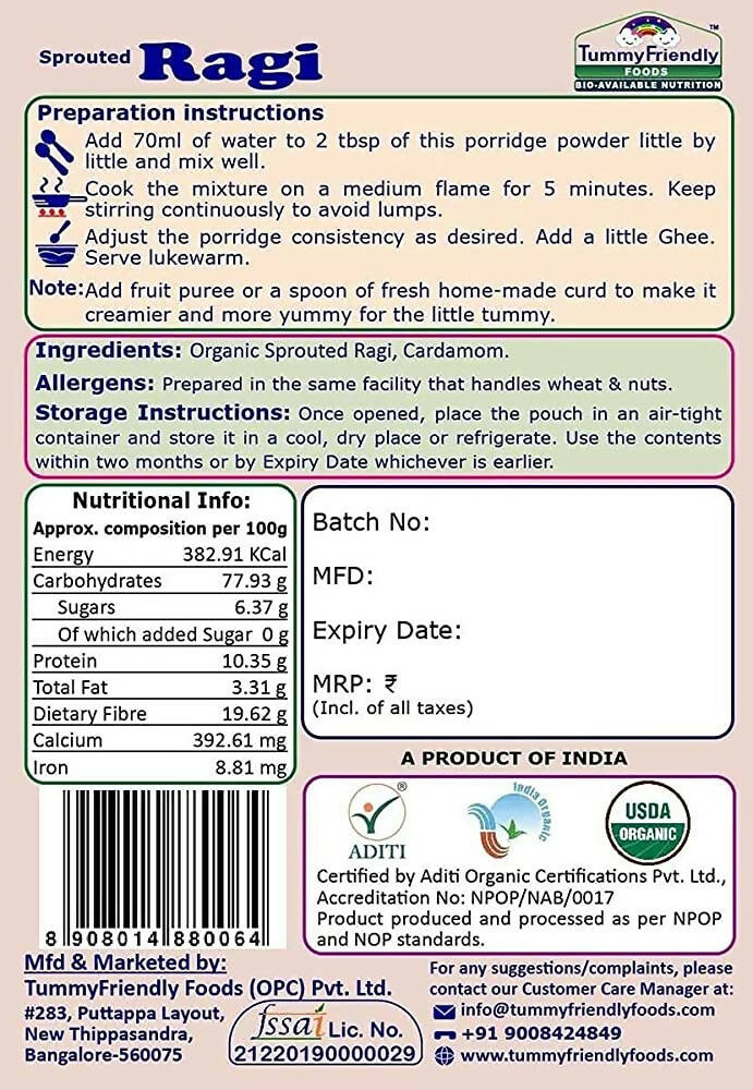 TummyFriendly Foods Organic Sprouted Porridge Mixes Sprouted Ragi Powder, Sprouted Brown Rice and Oats Combo | Grocsy