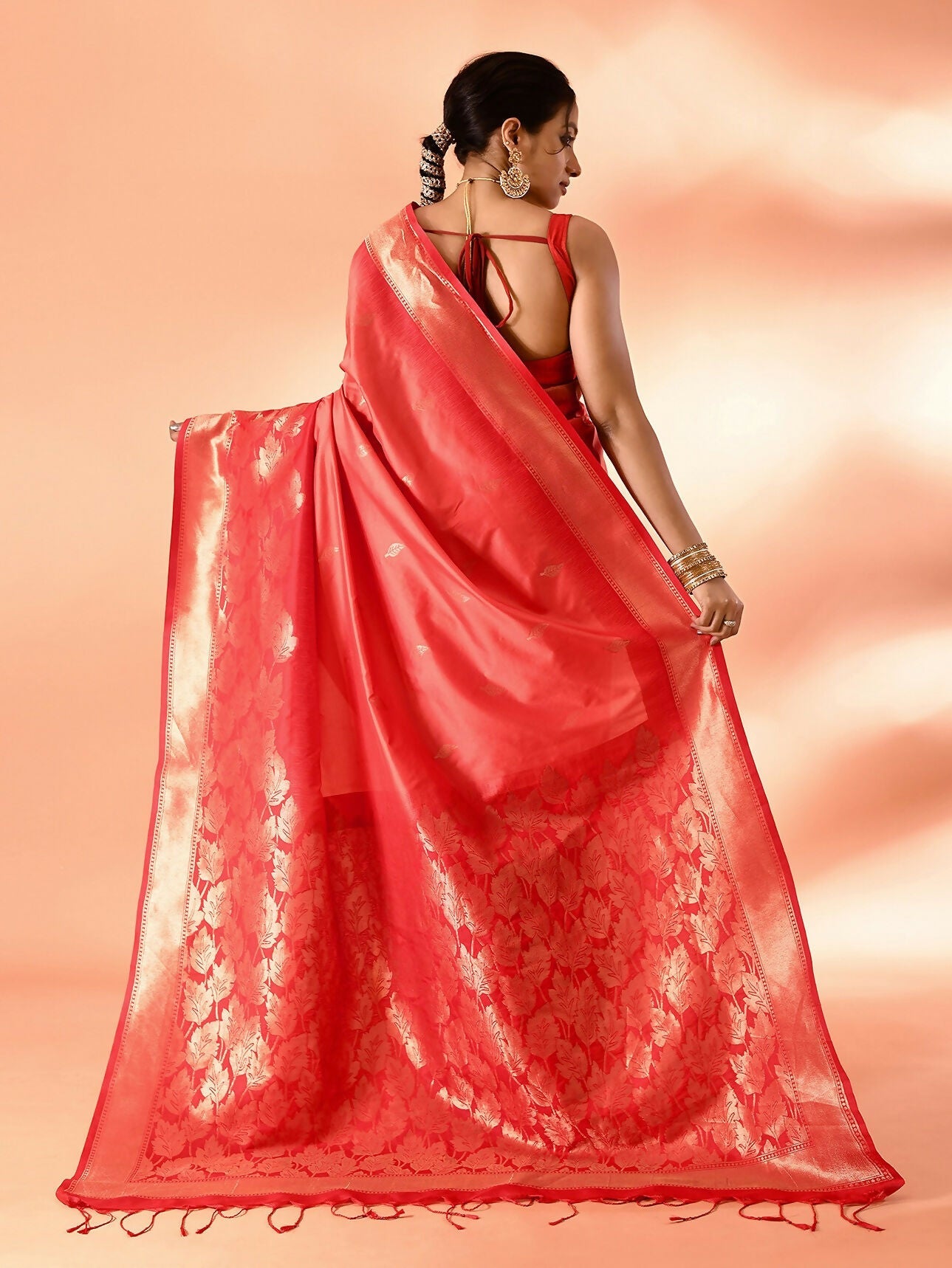 Joban Fashion Peach & Red Plain With Weaving Border Banarasi Silk Sarees | Grocsy