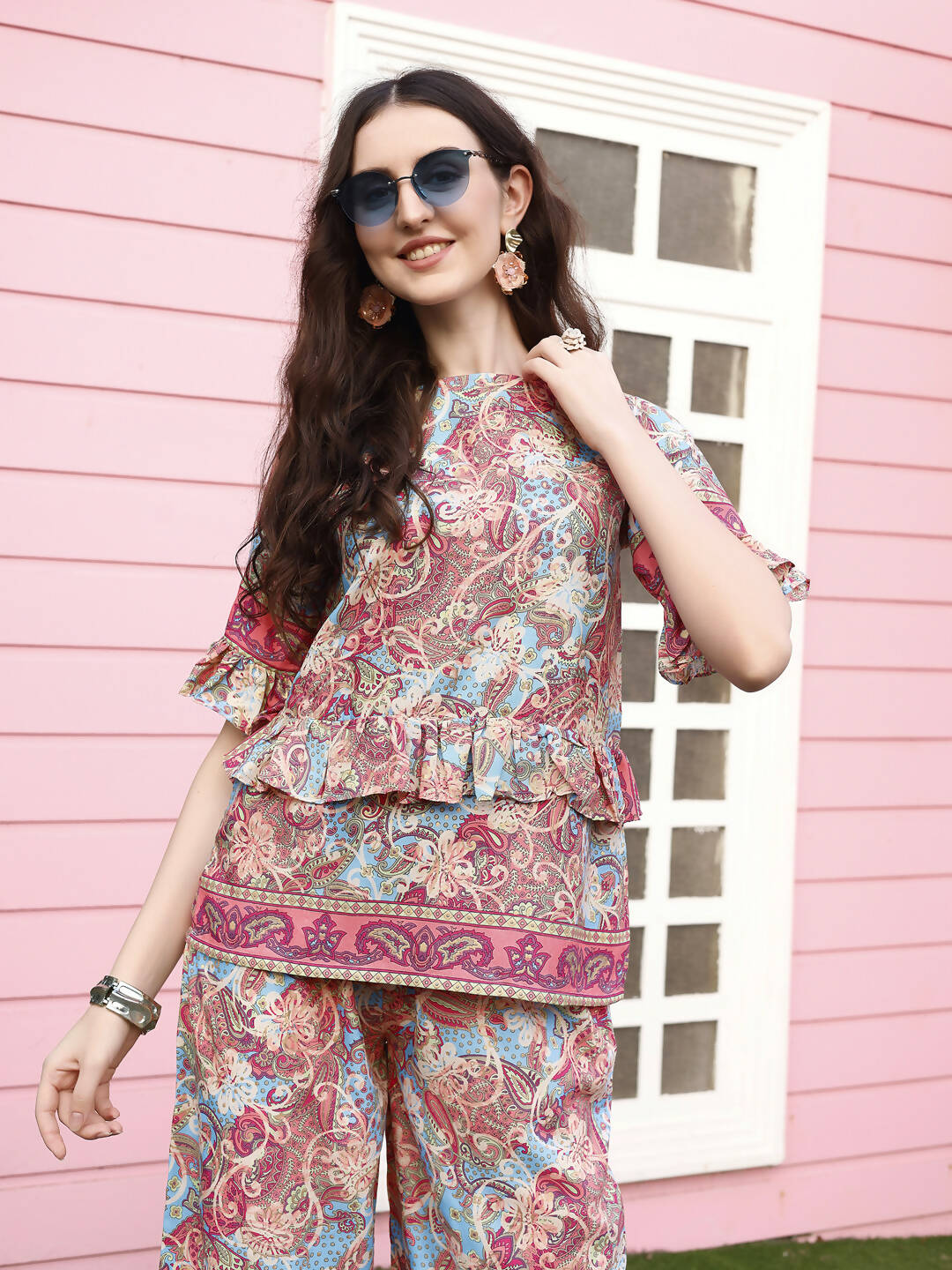 Red Rayon Floral Printed Top with Matching Bottom - Eesha | Grocsy