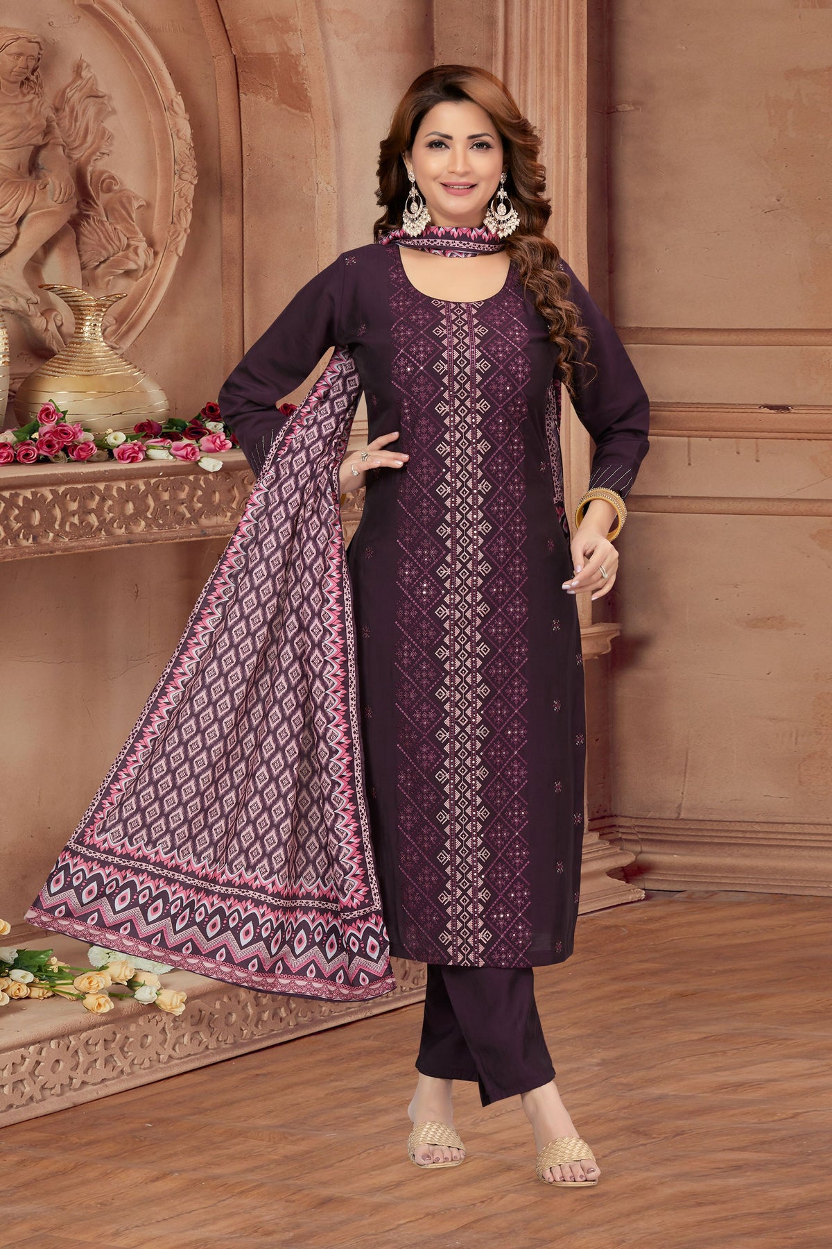 Joban Fashion Wine Soft Silk Resham Embroidery Work Kurta Set | Grocsy