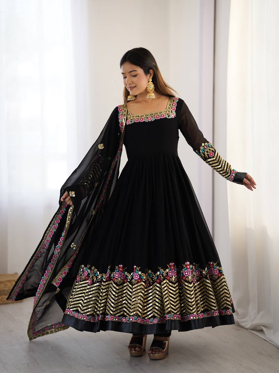 Prazu Fashion Black Georgette Embroidered Sequence Anarkali Suit | Grocsy