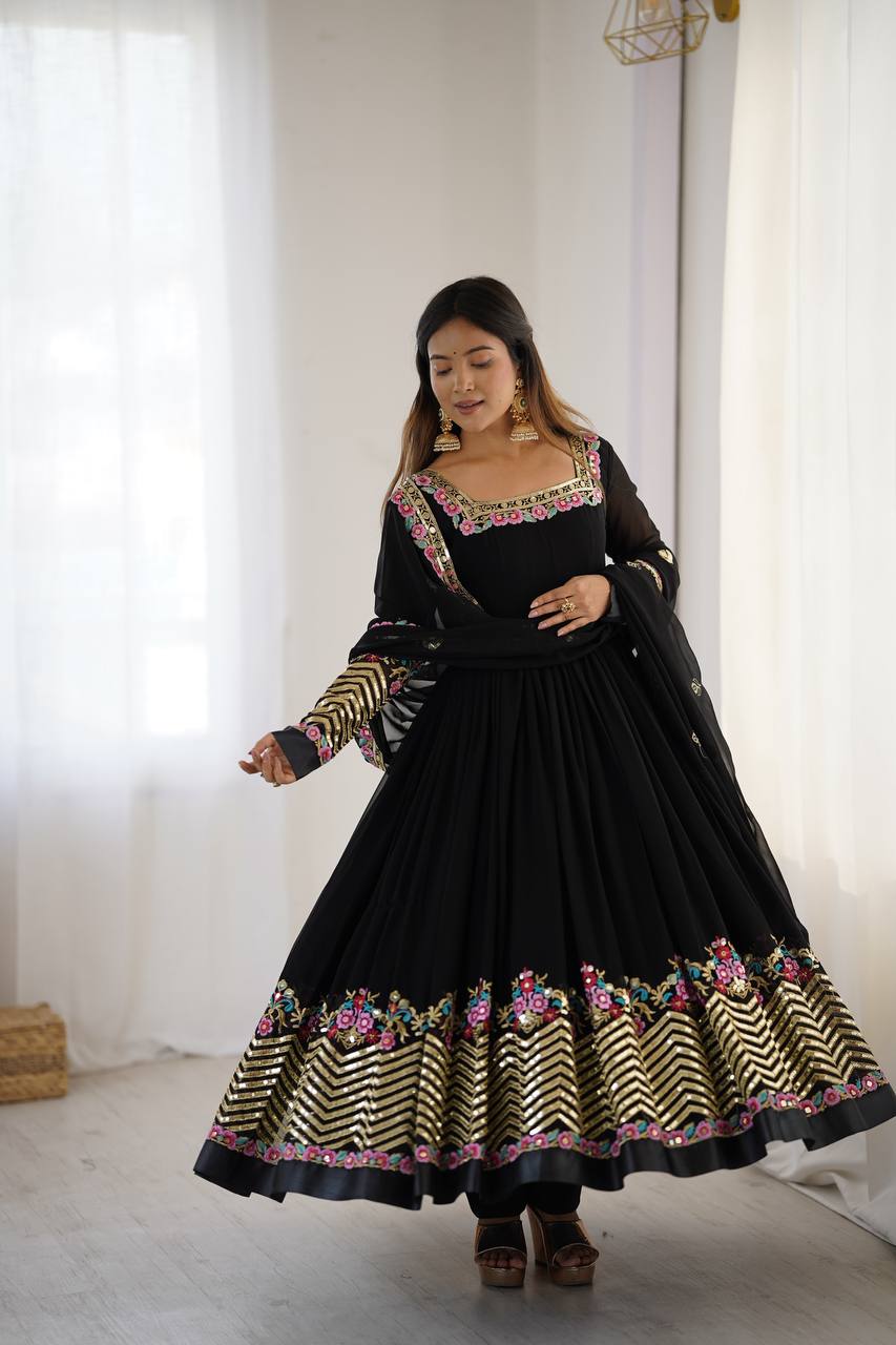 Prazu Fashion Black Georgette Embroidered Sequence Anarkali Suit | Grocsy