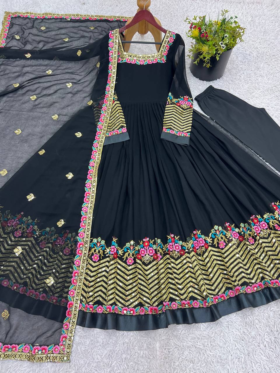 Prazu Fashion Black Georgette Embroidered Sequence Anarkali Suit | Grocsy
