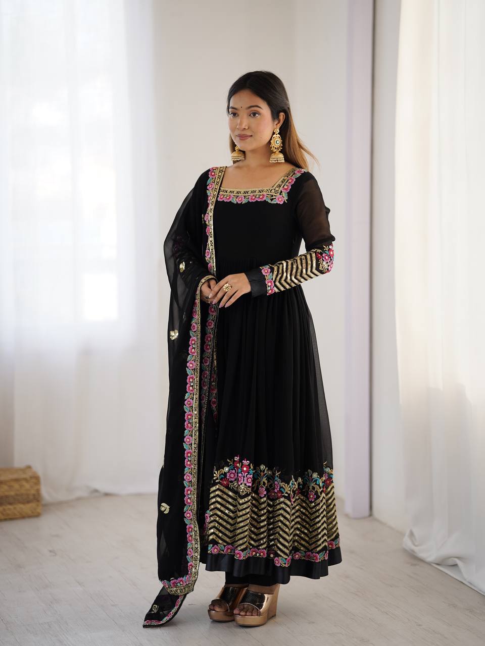 Prazu Fashion Black Georgette Embroidered Sequence Anarkali Suit | Grocsy
