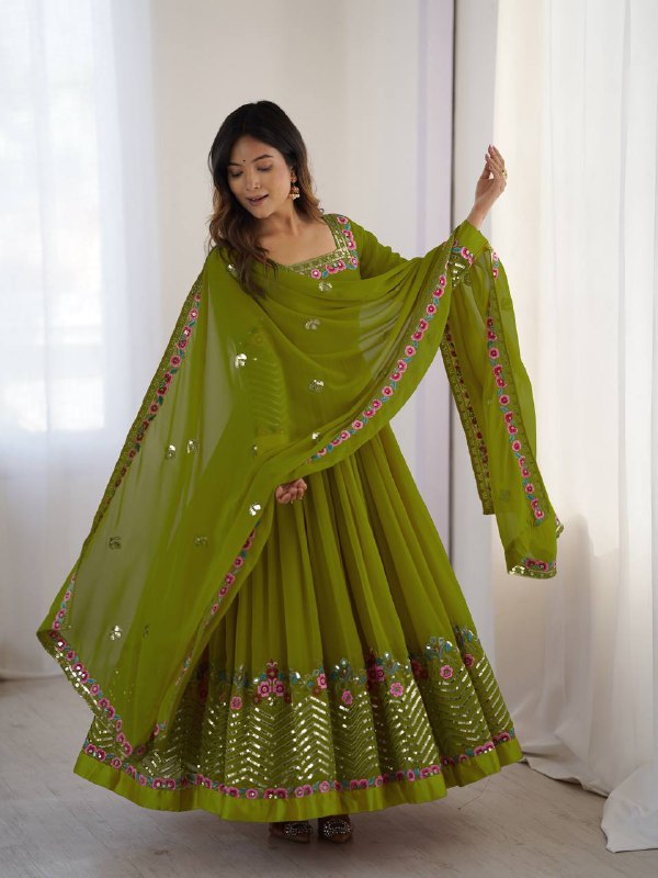 Prazu Fashion Parrot Green Georgette Embroidered Sequence Anarkali Suit | Grocsy