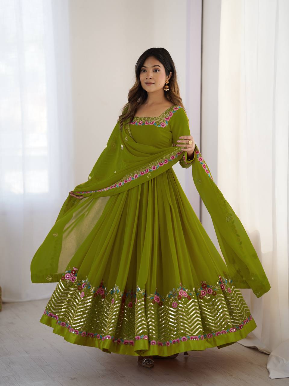 Prazu Fashion Parrot Green Georgette Embroidered Sequence Anarkali Suit | Grocsy