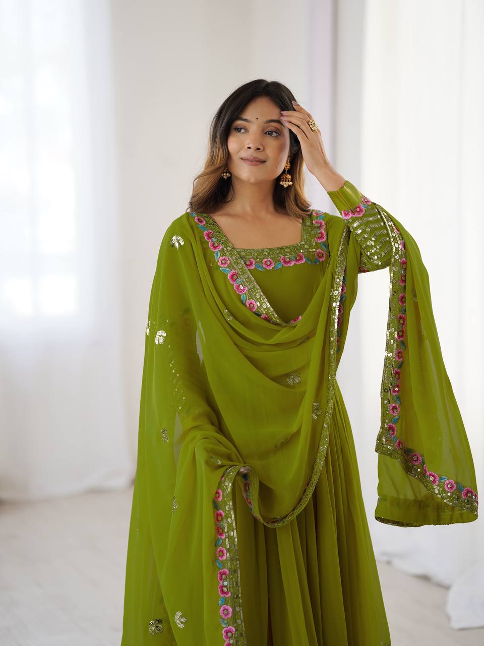 Prazu Fashion Parrot Green Georgette Embroidered Sequence Anarkali Suit | Grocsy