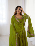 Prazu Fashion Parrot Green Georgette Embroidered Sequence Anarkali Suit | Grocsy