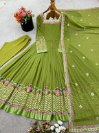 Prazu Fashion Parrot Green Georgette Embroidered Sequence Anarkali Suit | Grocsy
