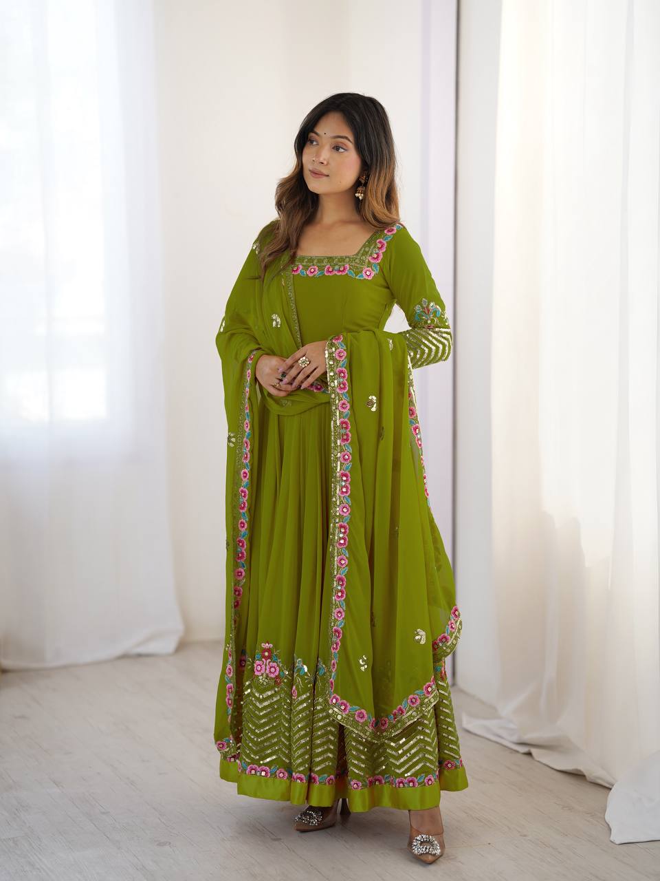 Prazu Fashion Parrot Green Georgette Embroidered Sequence Anarkali Suit | Grocsy