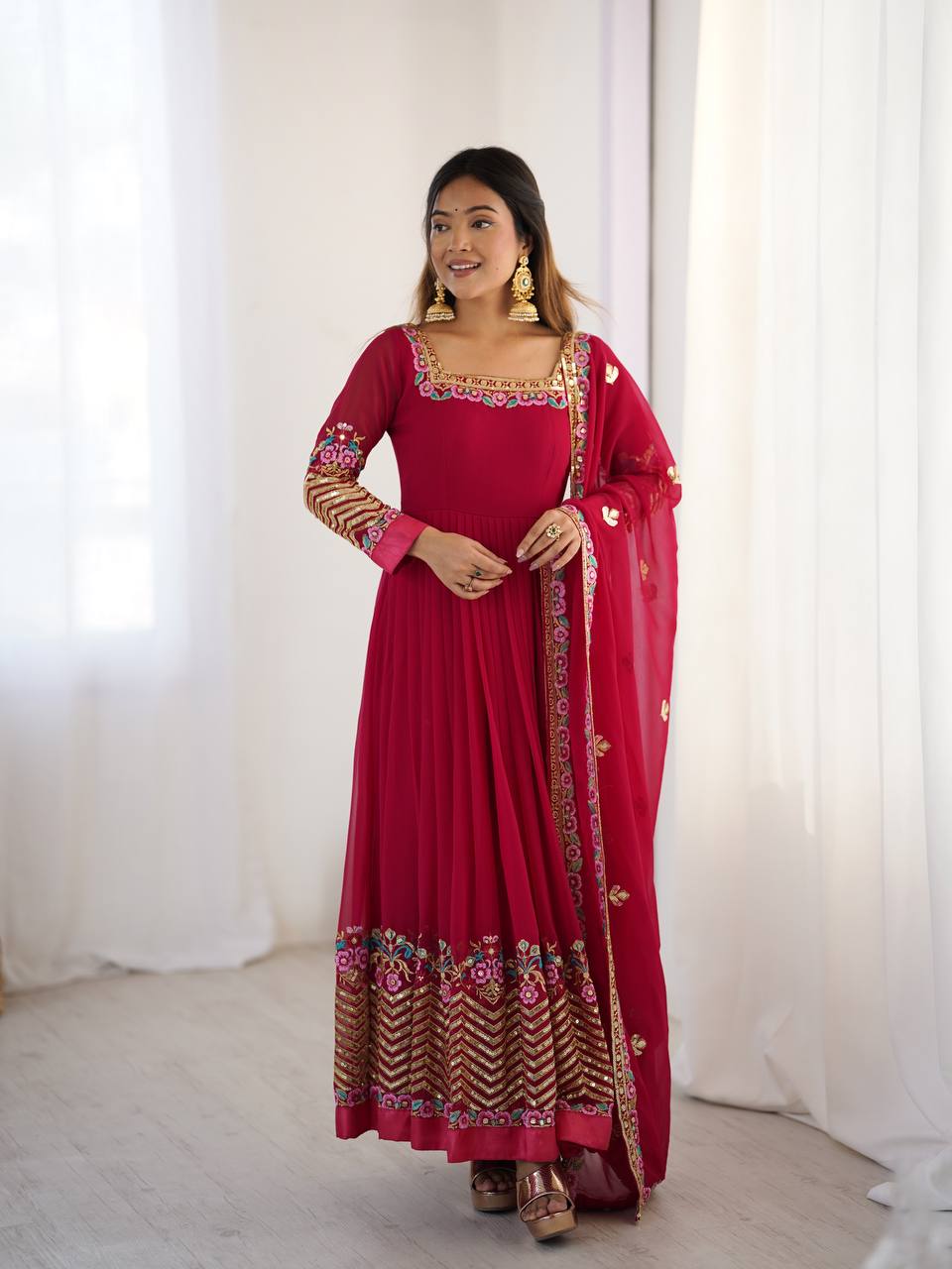 Prazu Fashion Rani Pink Georgette Embroidered Sequence Anarkali Suit | Grocsy