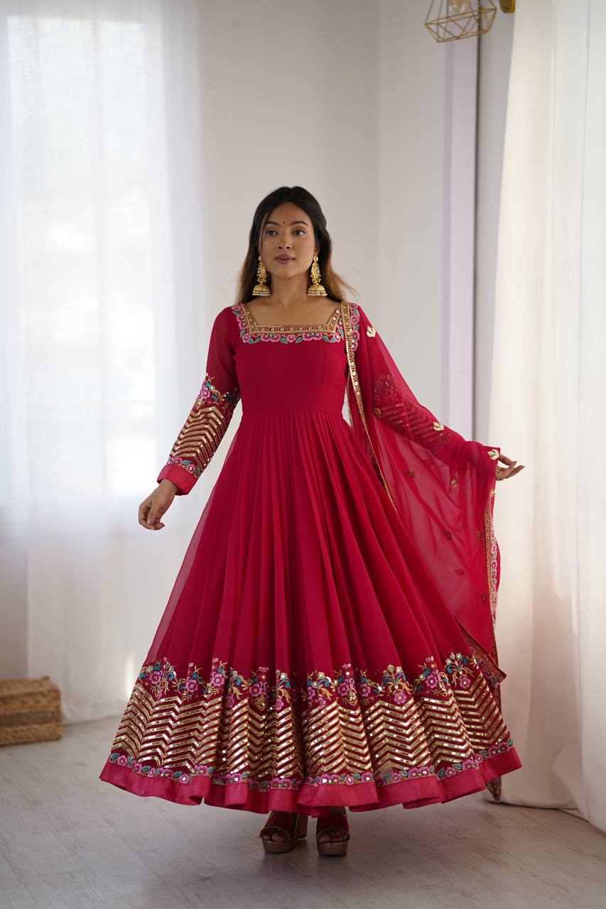 Prazu Fashion Rani Pink Georgette Embroidered Sequence Anarkali Suit | Grocsy