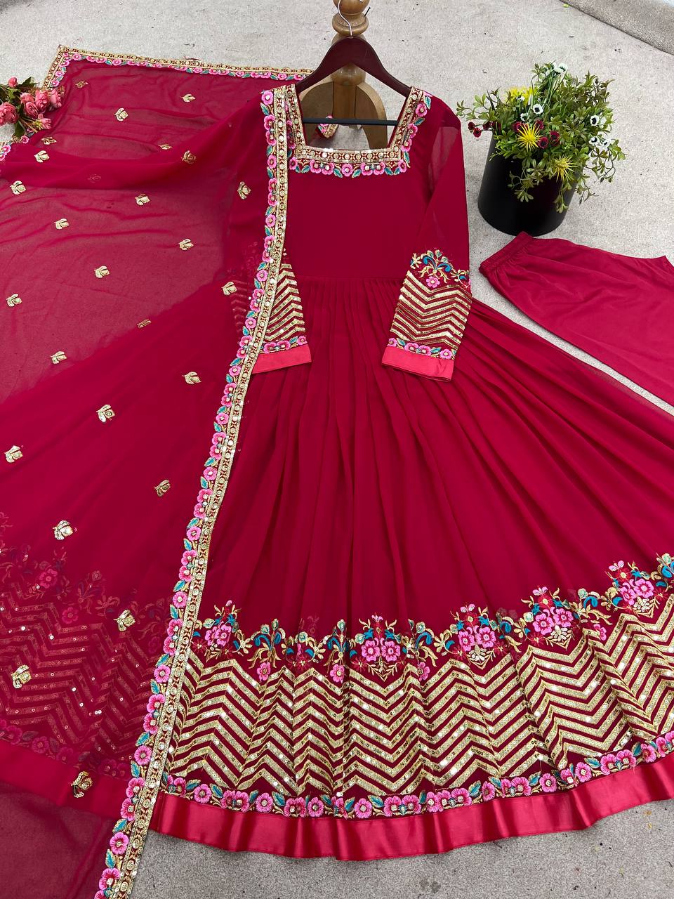 Prazu Fashion Rani Pink Georgette Embroidered Sequence Anarkali Suit | Grocsy
