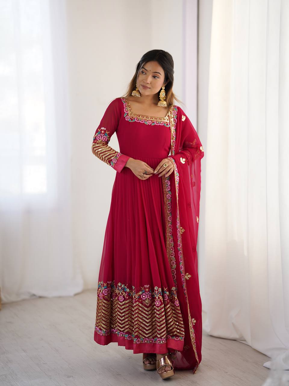 Prazu Fashion Rani Pink Georgette Embroidered Sequence Anarkali Suit | Grocsy