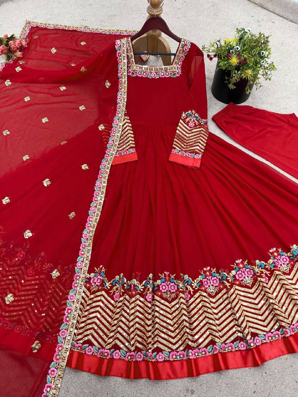 Prazu Fashion Red Georgette Embroidered Sequence Anarkali Suit | Grocsy