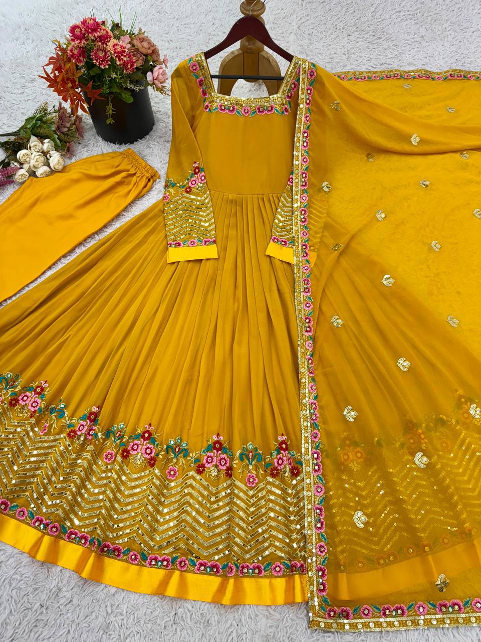 Prazu Fashion Yellow Georgette Embroidered Sequence Anarkali Suit | Grocsy