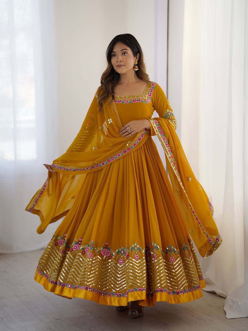 Prazu Fashion Yellow Georgette Embroidered Sequence Anarkali Suit | Grocsy