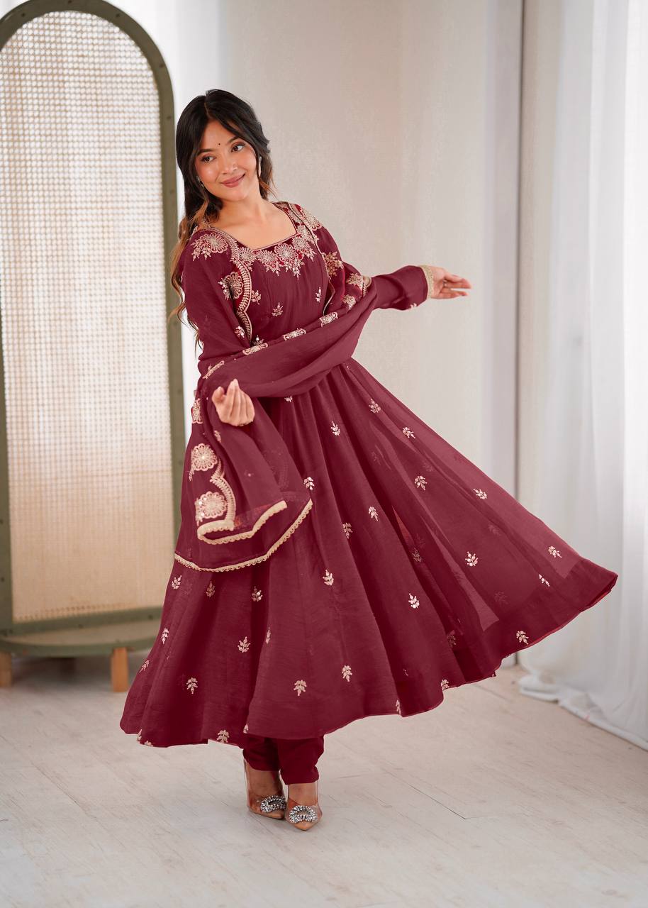 Prazu Fashion Maroon Crunchy Silk Embroidered Sequence Anarkali Suit | Grocsy