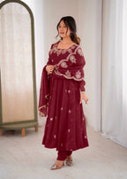 Prazu Fashion Maroon Crunchy Silk Embroidered Sequence Anarkali Suit | Grocsy