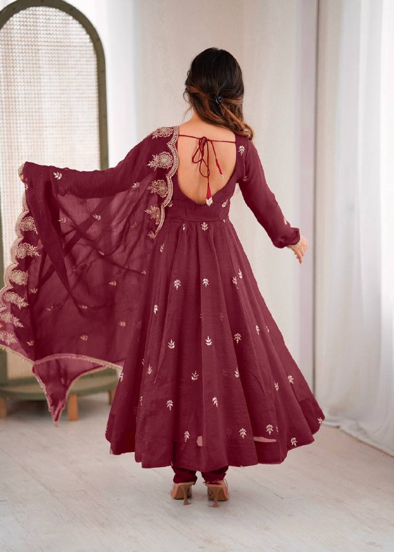 Prazu Fashion Maroon Crunchy Silk Embroidered Sequence Anarkali Suit | Grocsy