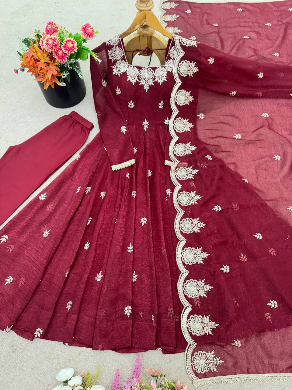 Prazu Fashion Maroon Crunchy Silk Embroidered Sequence Anarkali Suit | Grocsy
