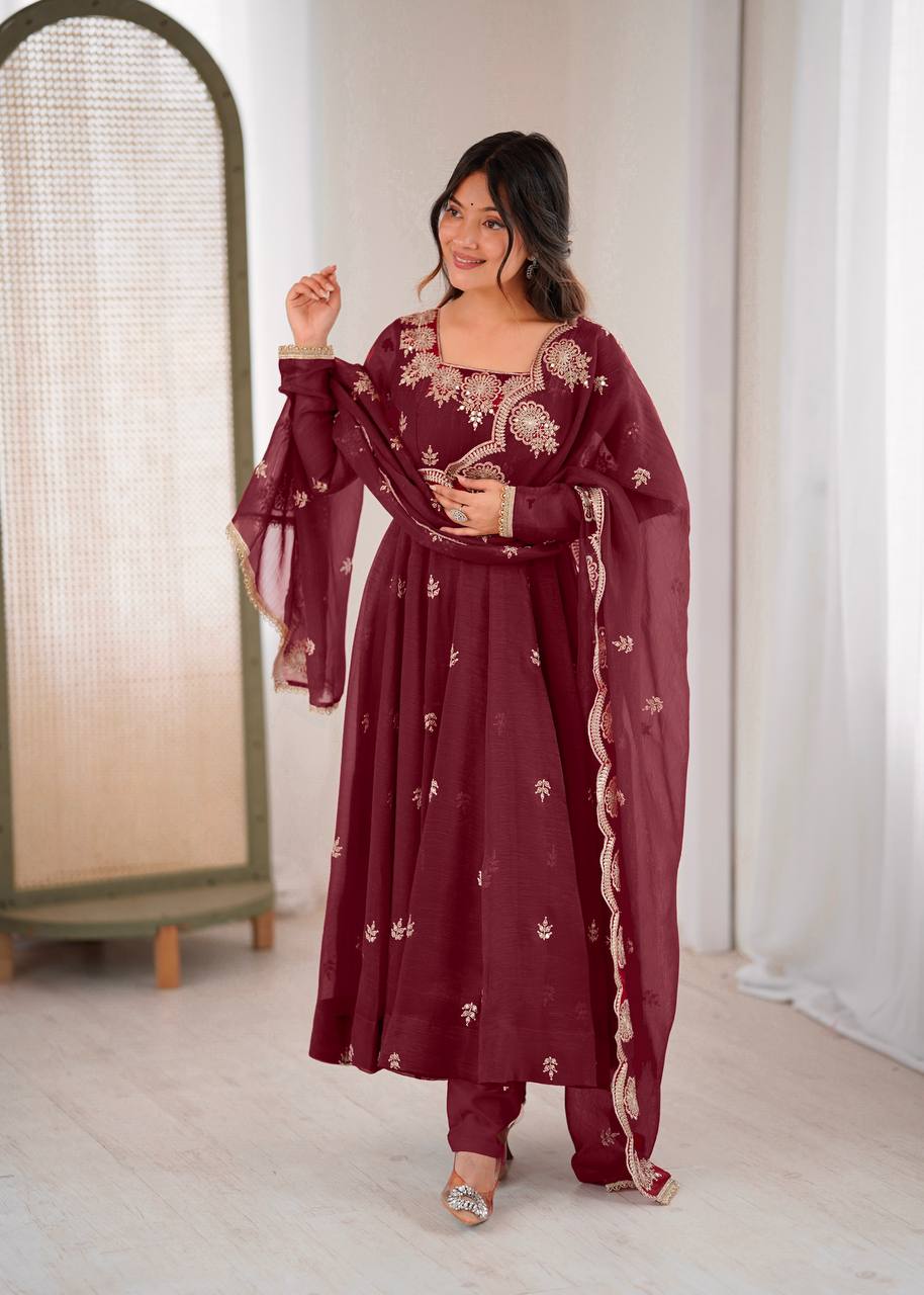 Prazu Fashion Maroon Crunchy Silk Embroidered Sequence Anarkali Suit | Grocsy