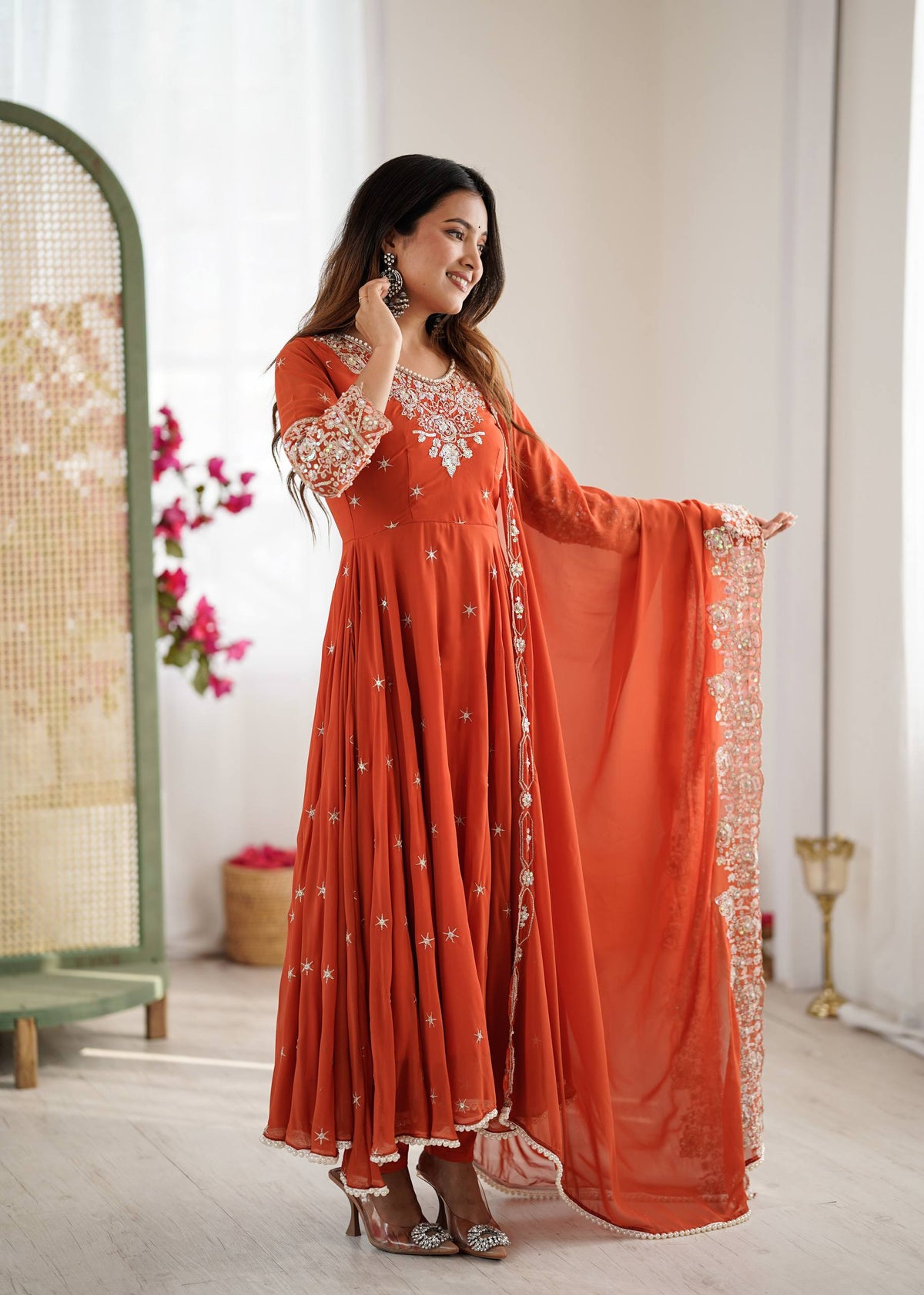 Prazu Fashion Red Georgette Embroidered With Moti Work Anarkali Suit | Grocsy