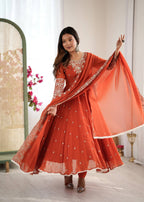Prazu Fashion Red Georgette Embroidered With Moti Work Anarkali Suit | Grocsy