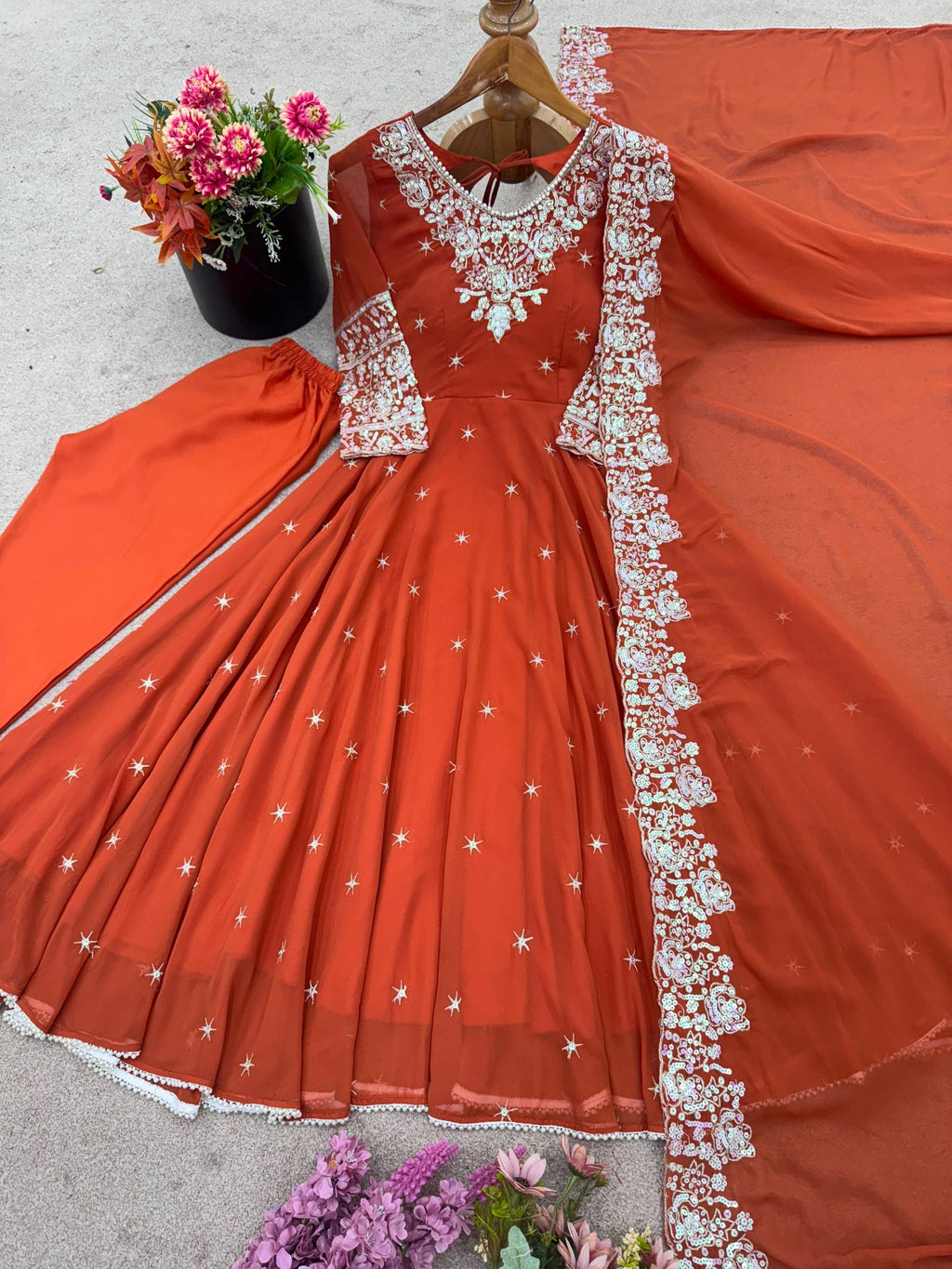 Prazu Fashion Red Georgette Embroidered With Moti Work Anarkali Suit | Grocsy