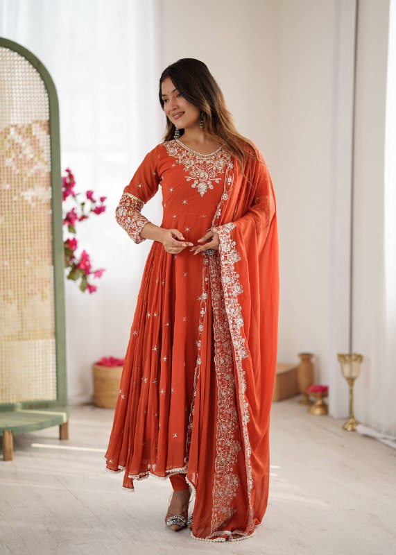 Prazu Fashion Red Georgette Embroidered With Moti Work Anarkali Suit | Grocsy