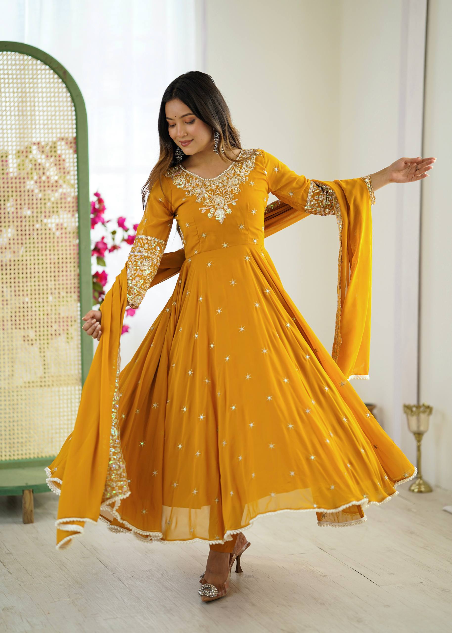 Prazu Fashion Yellow Georgette Embroidered With Moti Work Anarkali Suit | Grocsy