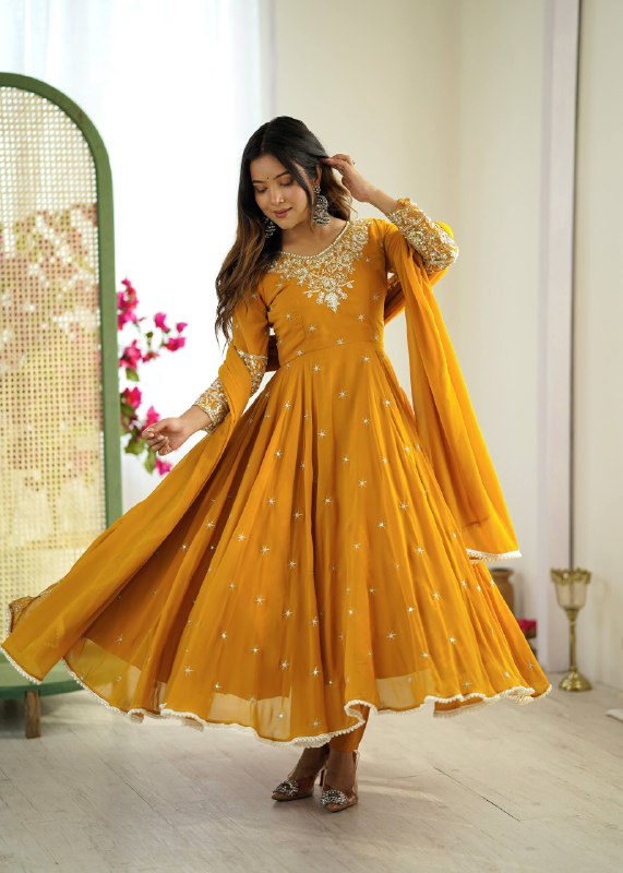 Prazu Fashion Yellow Georgette Embroidered With Moti Work Anarkali Suit | Grocsy