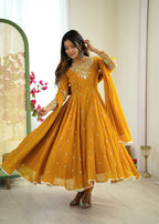Prazu Fashion Yellow Georgette Embroidered With Moti Work Anarkali Suit | Grocsy