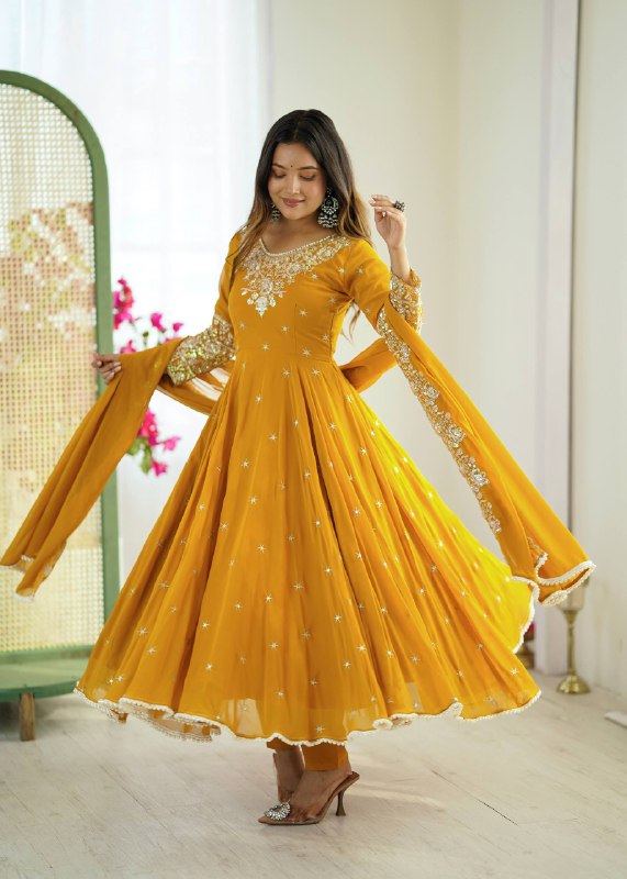 Prazu Fashion Yellow Georgette Embroidered With Moti Work Anarkali Suit | Grocsy